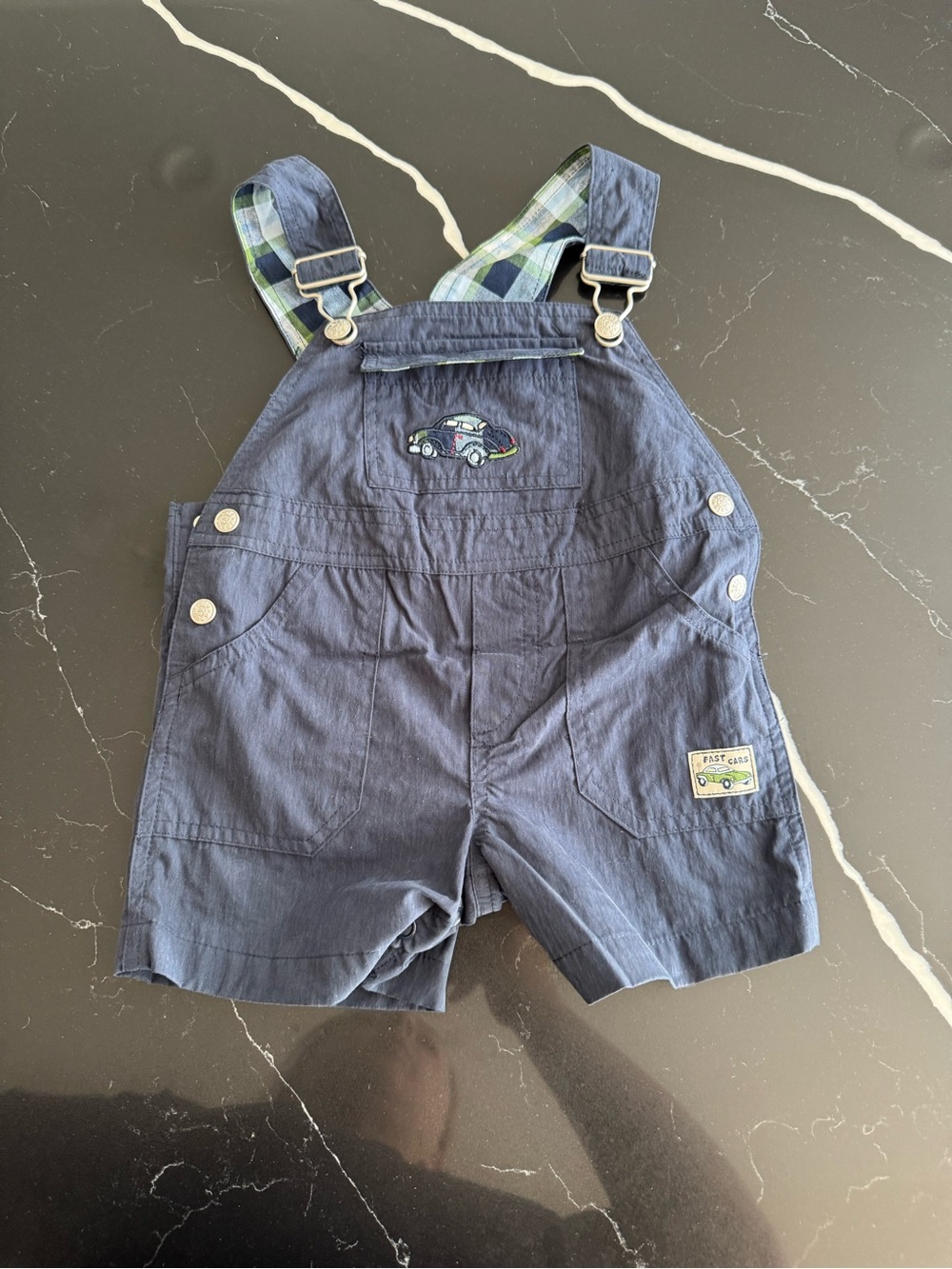 Koala Kids Navy Blue Short Overalls with Plaid Lining